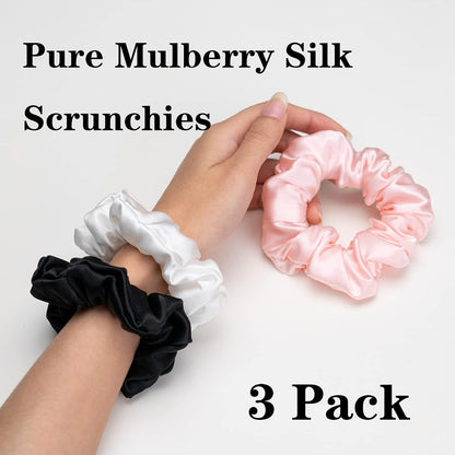 Silk Scrunchies for Hair 100% Mulberry Silk Hair Ties 3 Pack(Black, Navy Blue, Emerald)