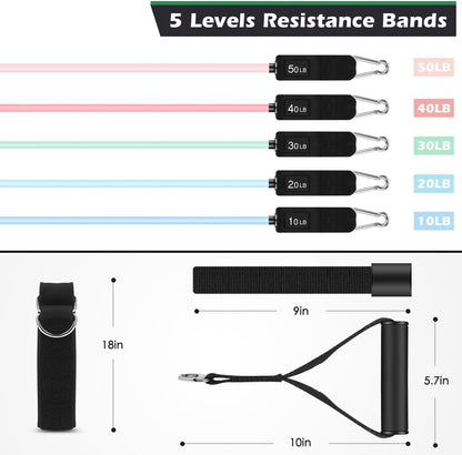 WHATAFIT Resistance Bands, Exercise Bands, Workout Bands with Handles, Door Anchor and Ankle Straps, 5 Resistance Levels Fitness Bands for Strength Training, Physical Therapy, and Home Gym Equipment
