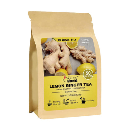 FullChea Lemon Ginger Tea Bags, 50 Counts, Non-GMO, Caffeine-Free