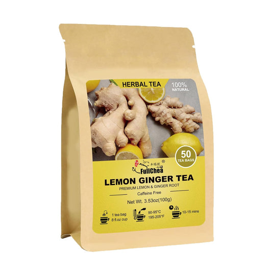 FullChea Lemon Ginger Tea Bags, 50 Counts, Non-GMO, Caffeine-Free