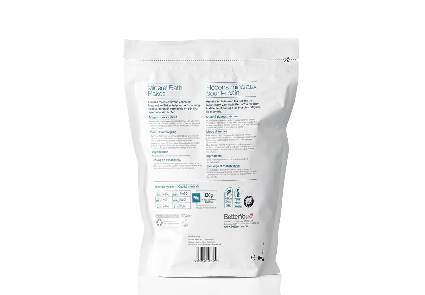 BetterYou Magnesium Mineral Bath Flakes - Mineral Bath Salts with Magnesium Chloride - Foot Bath or Body Bath Soak - Safe On Sensitive Skin - 2.3 lb