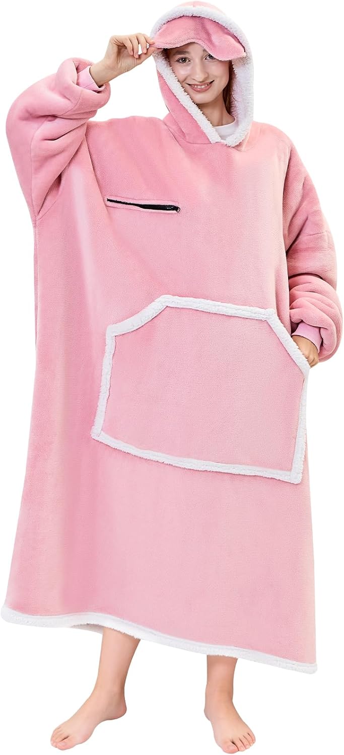 IFNOW Wearable Blanket Hoodie, Oversized Sherpa Fleece Hooded Blanket Sweatshirt with Eye Mask and Pocket, Comfy Long Flannel Blanket for Adults Men,Gifts for Women Mom Girlfriend,MoonFace