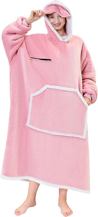 IFNOW Wearable Blanket Hoodie, Oversized Sherpa Fleece Hooded Blanket Sweatshirt with Eye Mask and Pocket, Comfy Long Flannel Blanket for Adults Men,Gifts for Women Mom Girlfriend,MoonFace