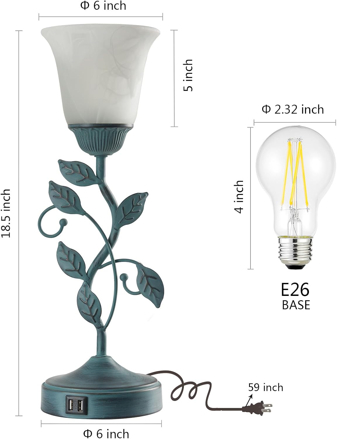 Touch Control Table Lamp with 2 USB Charging Ports, 3-Way Dimmable Bedside Nightstand Lamps, Amber Glass Shade Vintage Rural Leaf Lamp for Living Room, Bedroom, Dresser, LED Bulb Included (Bronze)