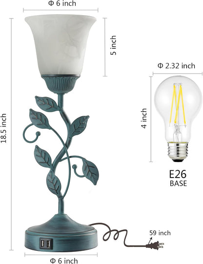 Touch Control Table Lamp with 2 USB Charging Ports, 3-Way Dimmable Bedside Nightstand Lamps, Amber Glass Shade Vintage Rural Leaf Lamp for Living Room, Bedroom, Dresser, LED Bulb Included (Bronze)