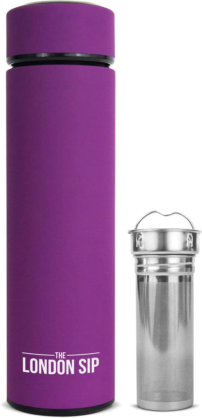 London Sip Multi-Purpose Tea Infuser Travel Mug and Tumbler Fruit Infuser Flask Hot and Cold Double Wall Stainless Steel Thermos with Extra-Long Infuser, Midnight Teal