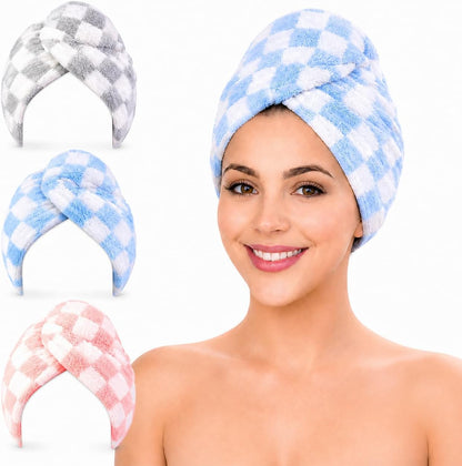 KELVO Microfiber Hair Towel Wrap for Women-Pack of 3, 350 GSM Super Absorbent Quick Dry Hair Turban Anti-Frizz Head Wrap for Curly, Long & Thick Hair Soft Hair Drying Towel (Checkered, Mixed Color)