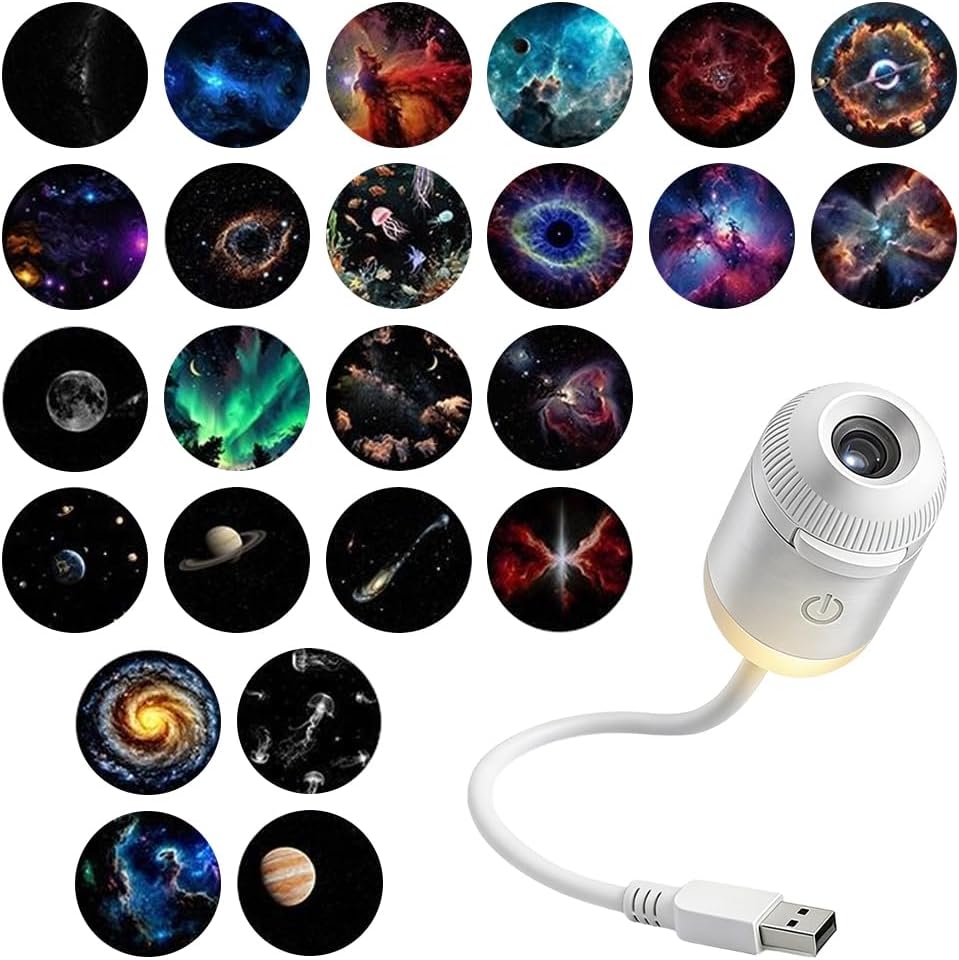 2-in-1 Galaxy Projector Night Light, USB Starry Sky Night Light Projector, Mini LED Projection Lamp for Bedroom Ceiling Wall Room Decor (24 Projection Films)