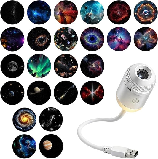 2-in-1 Galaxy Projector Night Light, USB Starry Sky Night Light Projector, Mini LED Projection Lamp for Bedroom Ceiling Wall Room Decor (24 Projection Films)