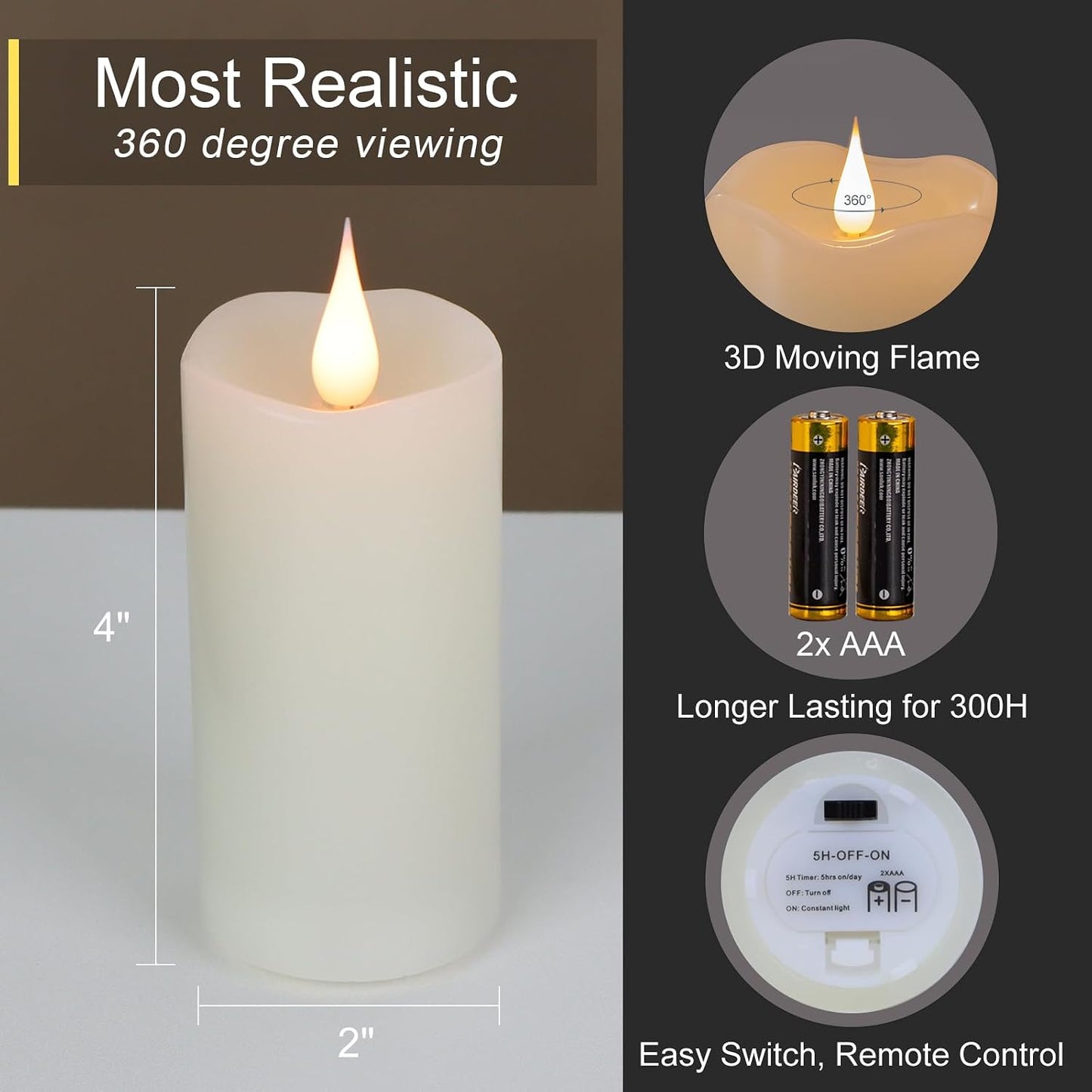 TECHLONG Flickering Flameless Candles with 3D Moving Flame, Last 1000+ Hours Battery Operated Candles with Timer, Ivory Real Wax Pillar Electric LED Candle for Wedding Christmas Party/3" x 5"