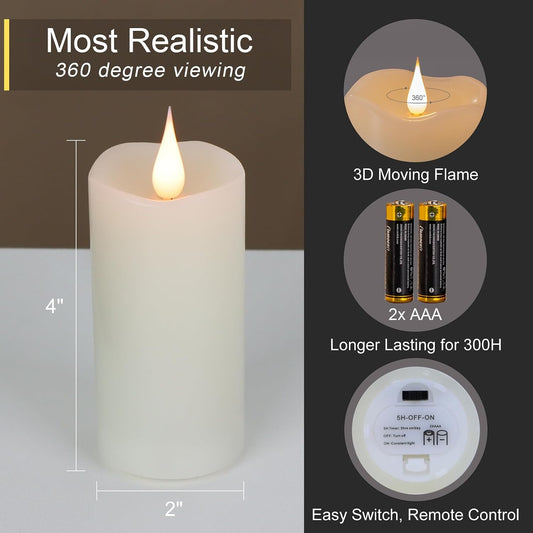 TECHLONG Flickering Flameless Candles with 3D Moving Flame, Last 1000+ Hours Battery Operated Candles with Timer, Ivory Real Wax Pillar Electric LED Candle for Wedding Christmas Party/3" x 5"