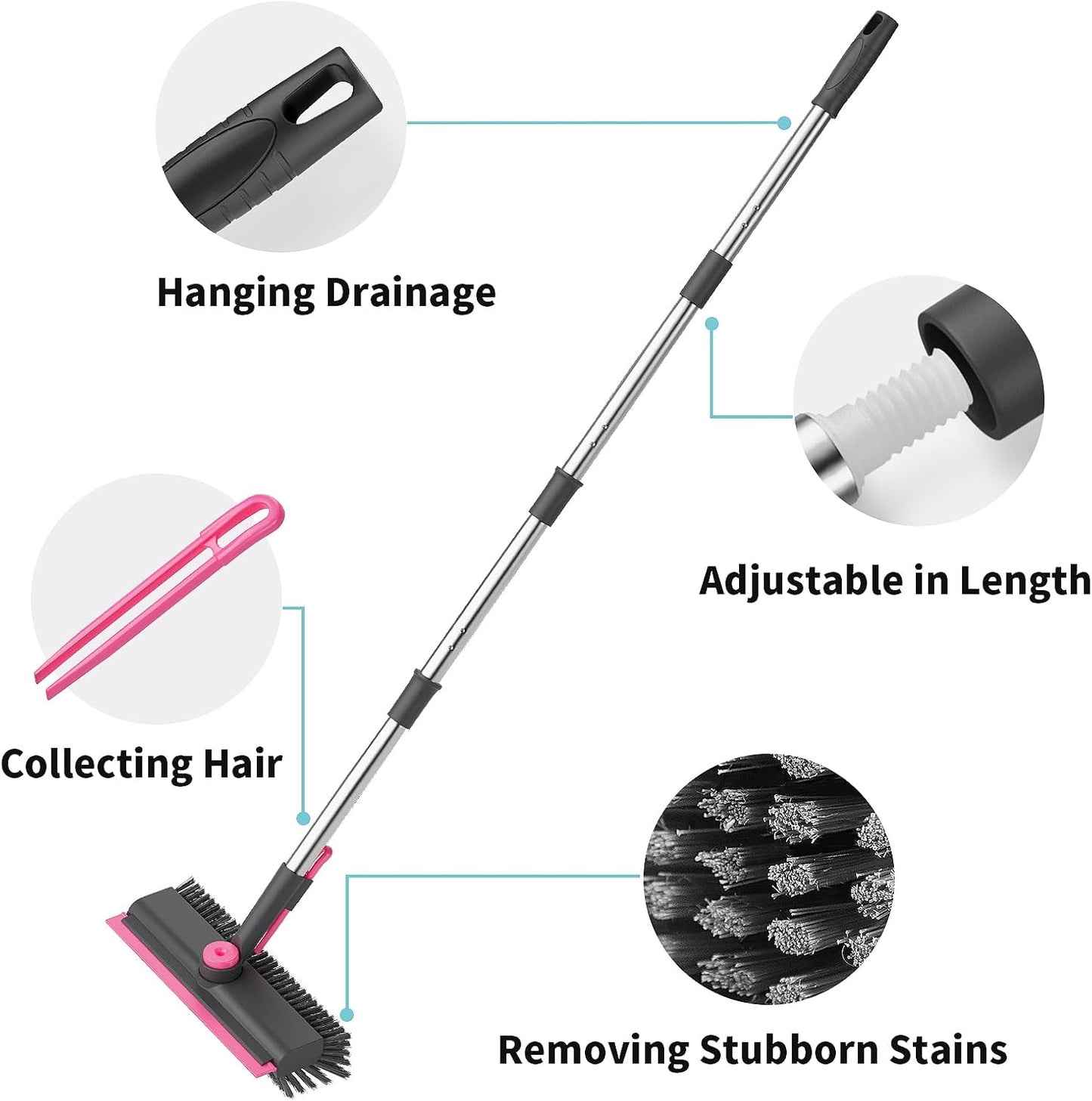 Floor Scrub Brush with Long Handle, 3 in 1 Scrape and Heavy-Duty Stiff Bristle Scrubber Brush Broom for Cleaning Shower Bathroom, Patio, Pool, Garage, Kitchen, Wall and Deck (White, 1 Pack)