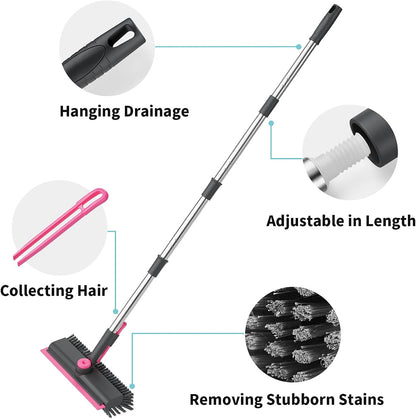 Floor Scrub Brush with Long Handle, 3 in 1 Scrape and Heavy-Duty Stiff Bristle Scrubber Brush Broom for Cleaning Shower Bathroom, Patio, Pool, Garage, Kitchen, Wall and Deck (White, 1 Pack)
