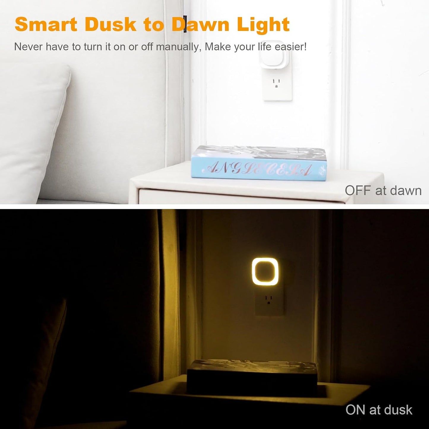 YUNLEX 2 Pack Amber Night Light, Dusk to Dawn Sensor, Warm Glare-Free Reflected Glow, 3-Level Dimmer, Auto On/Off, Plug-in LED Nightlight for Bedroom, Kids, Bathroom, Sleep, Baby Nursery, Toddler