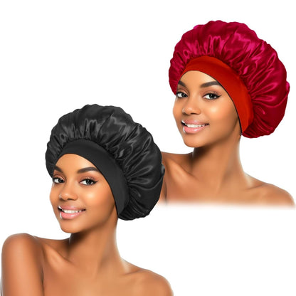 ZHENSILK 2Pcs Silk Bonnet for Sleeping, Satin Hair Bonnets, Soft Elastic Band Silk Sleep Cap, Hair Wrap for Women (Black Gold)