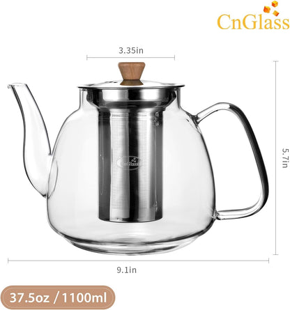 CNGLASS Glass Teapot with Infuser,31oz Clear Glass Tea Kettle with Removable Stainless Steel Strainer,Stovetop Safe Glass Teapot for Blooming and Loose Leaf Tea…