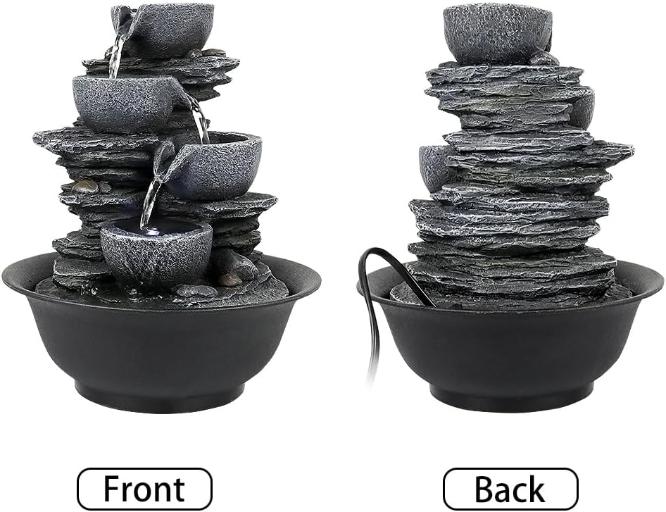 15.7” High Rock Falls Tabletop Water Fountain with LED Lights - Indoor 5-Tier Cascading Fountain for Home and Office Decor (Gray_3, 15.7" high)