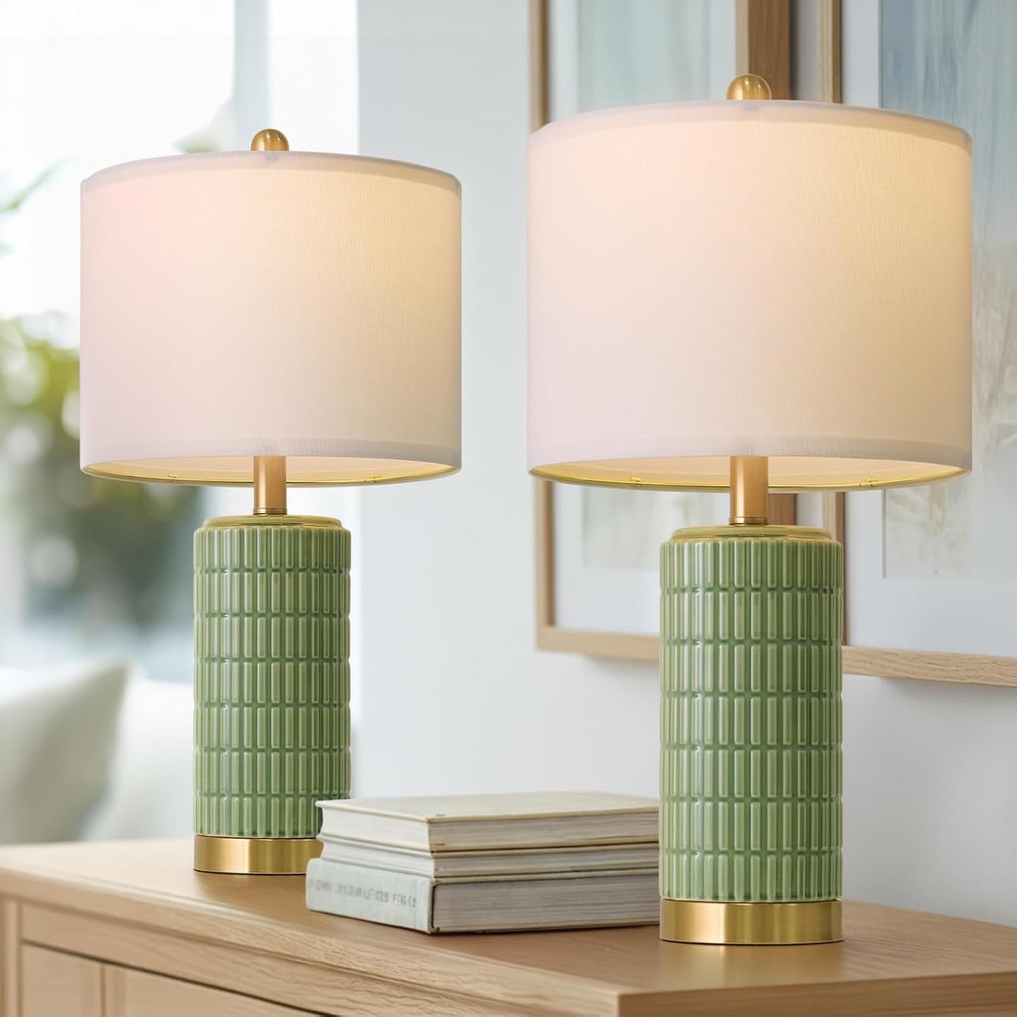 PoKat 20.75" Small Modern Ceramic Table Lamps Set of 2 for Bedroom, White Bedside Lamps for Night Stands, Farmhouse Desk Home Decor Gift Nightstand Table Lamps for Living Room End Table Beige