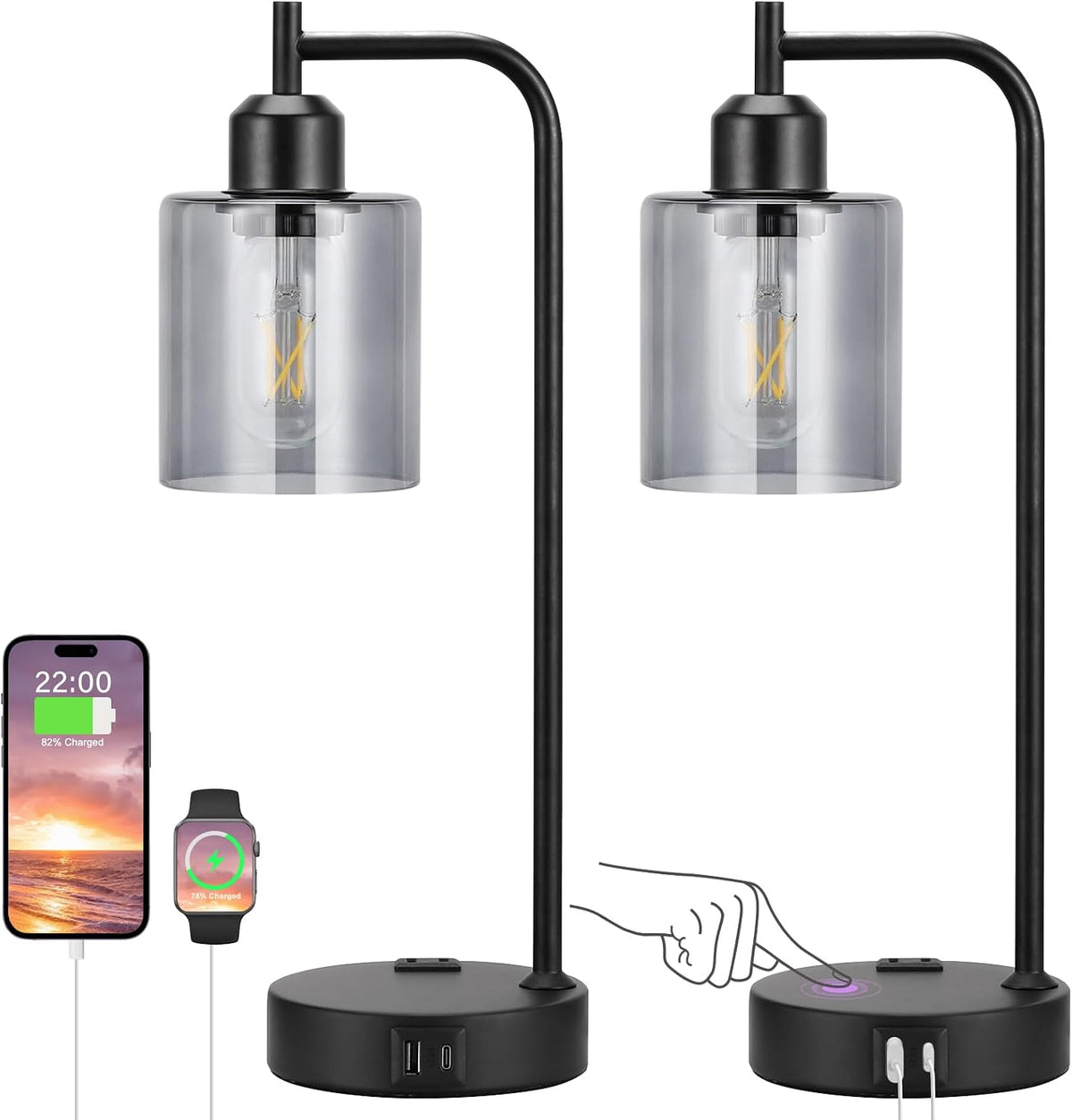 Industrial Touch Lamps for Nightstand Set of 2, 3-Way Dimmable Bedside Lamp