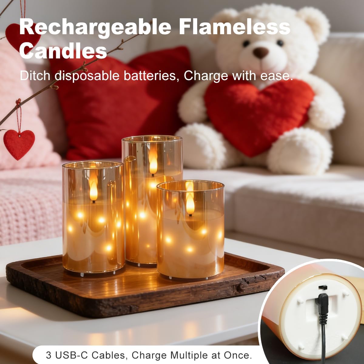 LEDHOLYT Rechargeable Flameless Glass Pillar Candles–Gifts for Women,–Set of 3, Realistic Flickering LED Flame,Remote & Timer, Ideal for Living Room, Bedroom & Halloween Festival Home Party Decor