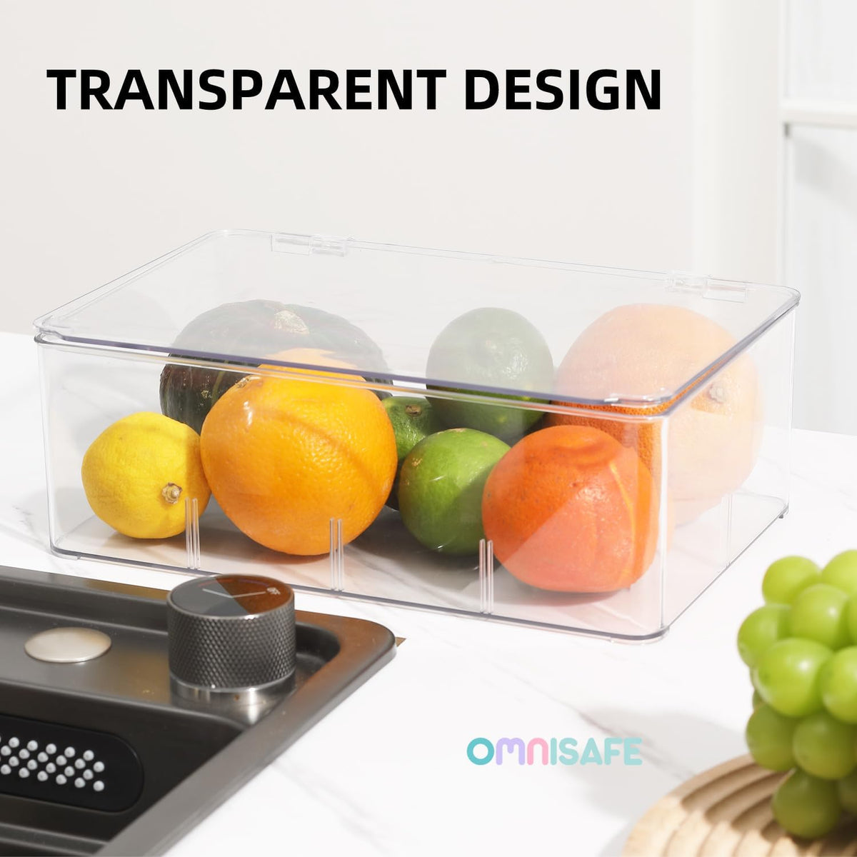 Divided Clear Plastic Organizer Bin with Hinge Lid, 8 Sections Tea Bag Storage Box for Kitchen, Snacks, Spice Packets,Pouches, Stackable Storage Bin