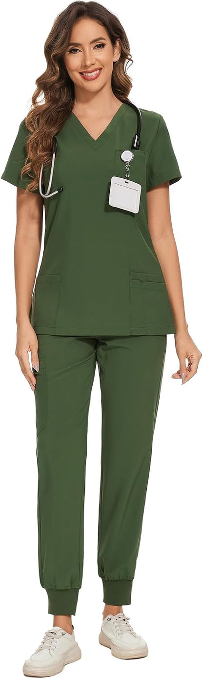 COZYFIT Scrubs for Women Set - Stretch V-Neck Scrub Top & Jogger Pant with 8 Pockets COZY SCRUBS - Colors C
