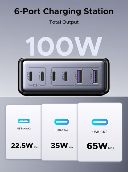 UGREEN 100W USB C Charging Station, 6-Port GaN Desktop Charger with 4 USB-C & 2 USB-A, Smart Power Distribution for MacBook Pro/Air, Dell XPS, iPad, iPhone 17/16/15, Galaxy S25/S24, Pixel 10/9