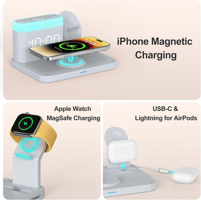 ANJANK Wireless Charging Station,5 in 1 Multiple Charger Stand with Alarm Clock,7 Night Light,Magnetic Charging Dock for iPhone 18 17 16 15 14 13 Pro Max Plus,Apple Watch 11/10/9/8,for Airpods,Bedroom