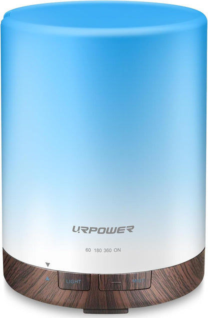 URPOWER 300ml Essential Oil Diffuser: Ultrasonic Aromatherapy Diffuser Quiet Auto Shut-Off, 4 Timer Settings(1H 3H 6H ON) & 7-Color Night Light Humidifier for Yoga Bedroom Living Room Office