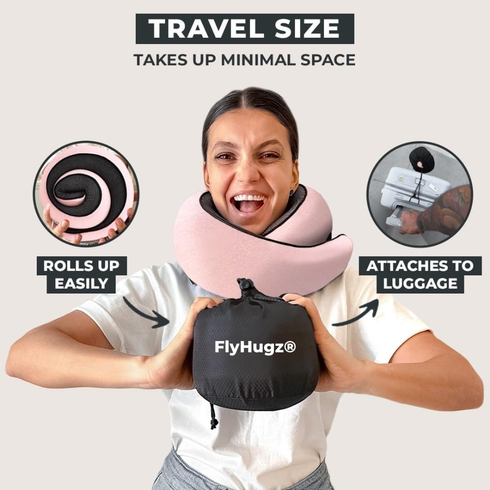 FlyHugz® Neck Travel Pillow Memory Foam Neck Pillow for Comfort on Airplane Compact and Ergonomic Design for Travel, Car Rides, and Home Use Ideal for Adults and Kids.