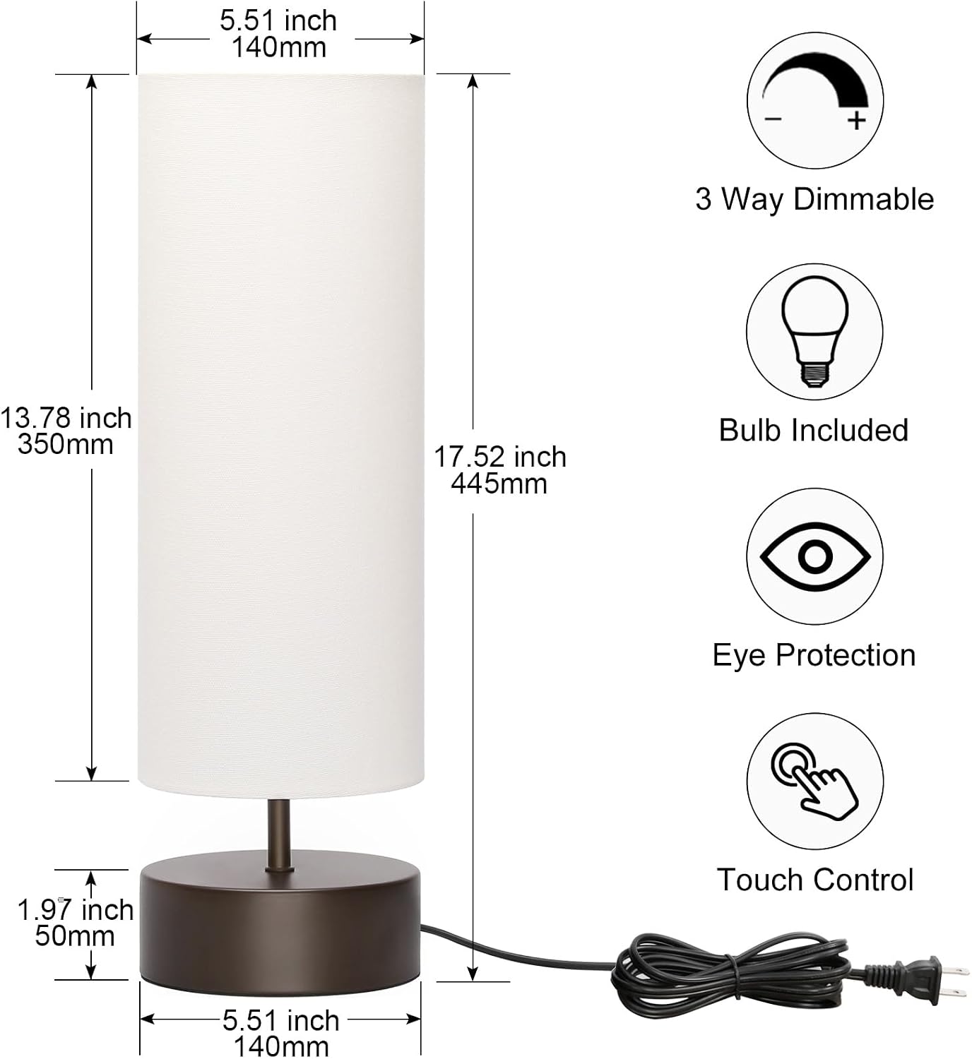 Touch Table Lamp, 3-Way Dimmable Modern Minimalist Accent Bedside Lamp with Cylinder Fabric Shade, Night Light Nightstand Desk Lamp for Bedroom Living Room Kitchen, 9W LED Bulb Included