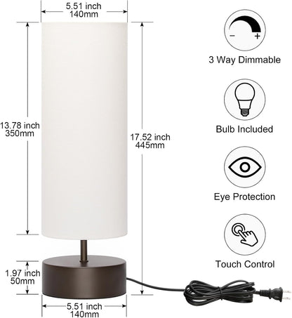 Touch Table Lamp, 3-Way Dimmable Modern Minimalist Accent Bedside Lamp with Cylinder Fabric Shade, Night Light Nightstand Desk Lamp for Bedroom Living Room Kitchen, 9W LED Bulb Included