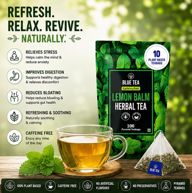 BLUE TEA - Lemon Balm Tea - 100 Count - Plant Based Tea Bag | RELIEVES STRESS - IMPROVES DIGESTION | Reduces Bloating | Refreshing Citrus Flavour - Leaf Based - Caffeine Free | Ziplock Pouch