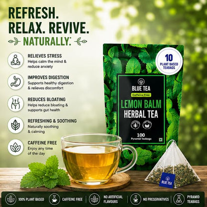 BLUE TEA - Lemon Balm Tea - 100 Count - Plant Based Tea Bag | RELIEVES STRESS - IMPROVES DIGESTION | Reduces Bloating | Refreshing Citrus Flavour - Leaf Based - Caffeine Free | Ziplock Pouch