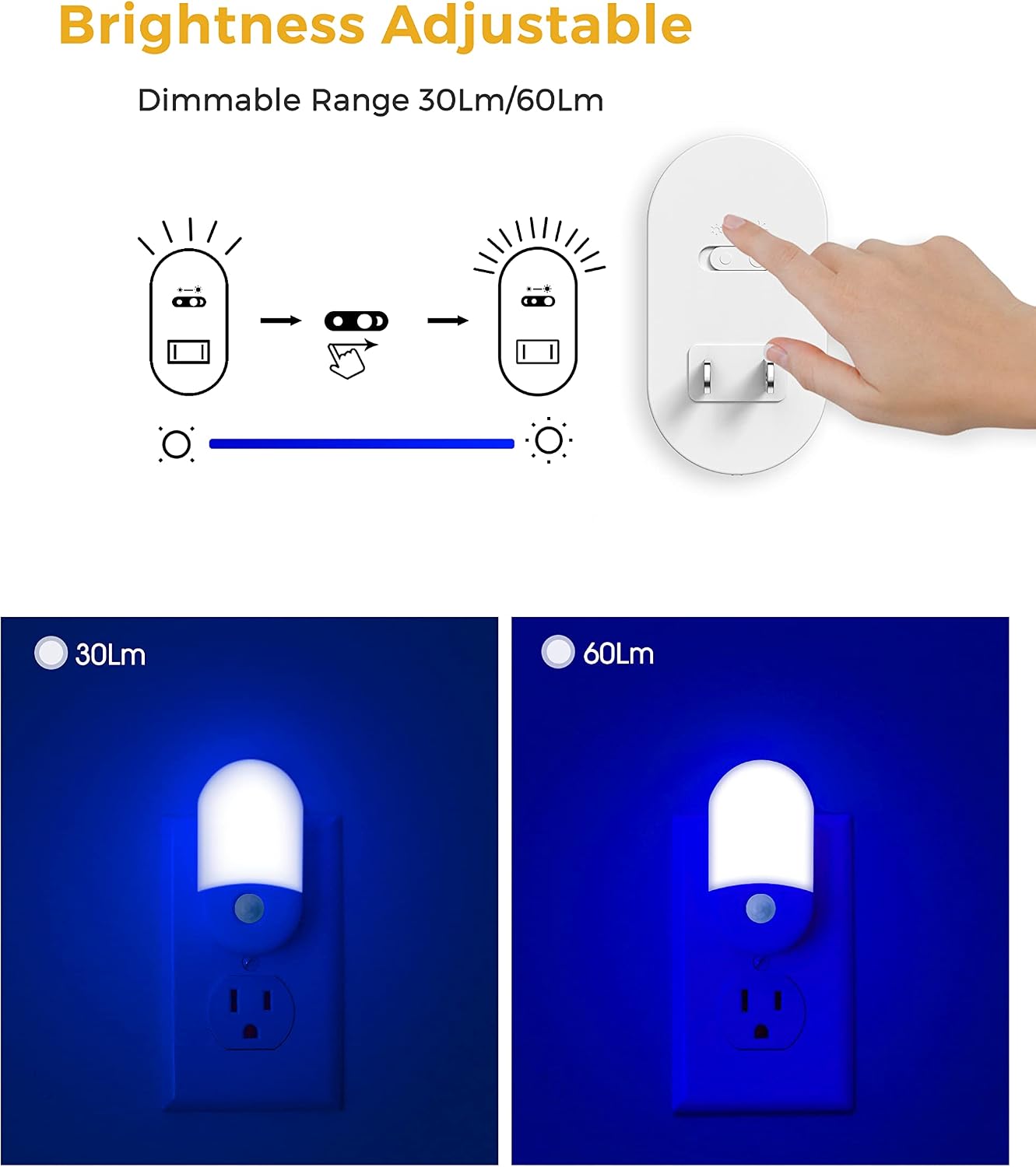 L LOHAS LED Amber Night Light, 2 Pack, Night Lights Plug into Wall Motion Sensor, 0.6W 2000K, LED Nightlights, 30/60LM Adjustable Brightness, Automatic Low Blue Nightlight for Kids, Bathroom, Hallway