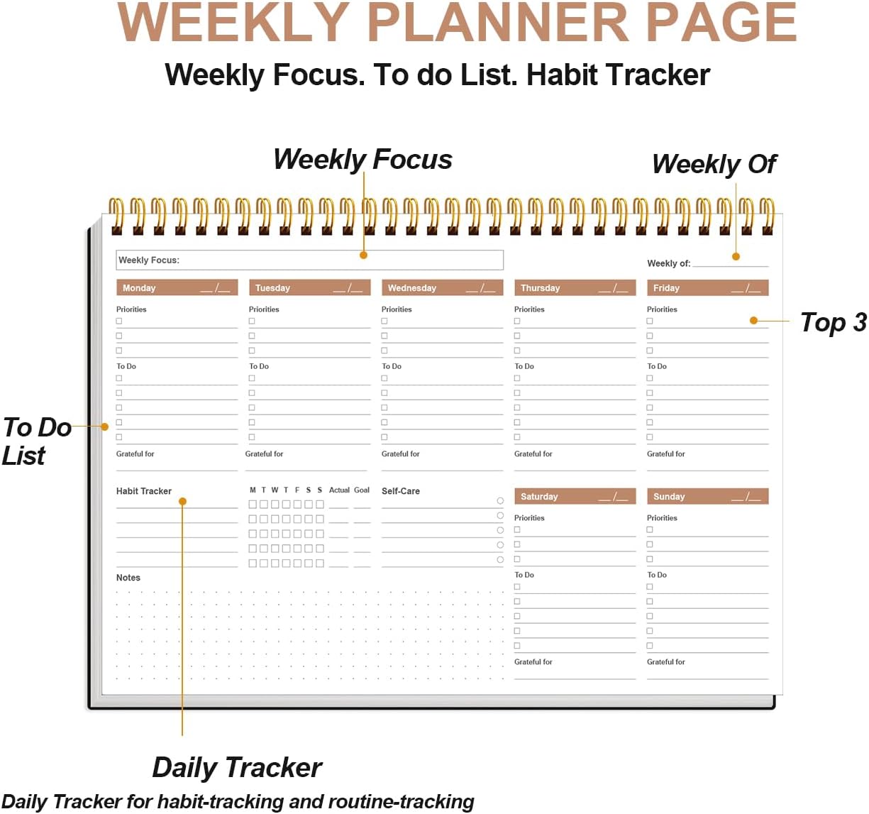 Weekly Productivity Planner - 8" x 11" Dashboard Desk Pad/Planner, Habit Tracker, Spiral Undated Weekly Planner for Office/School/Home, 54 Weeks, Grey