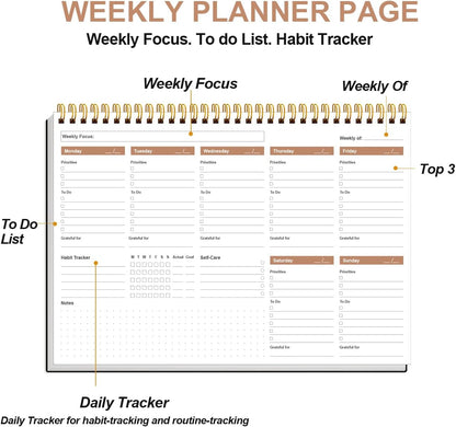 Weekly Productivity Planner - 8" x 11" Dashboard Desk Pad/Planner, Habit Tracker, Spiral Undated Weekly Planner for Office/School/Home, 54 Weeks, Grey