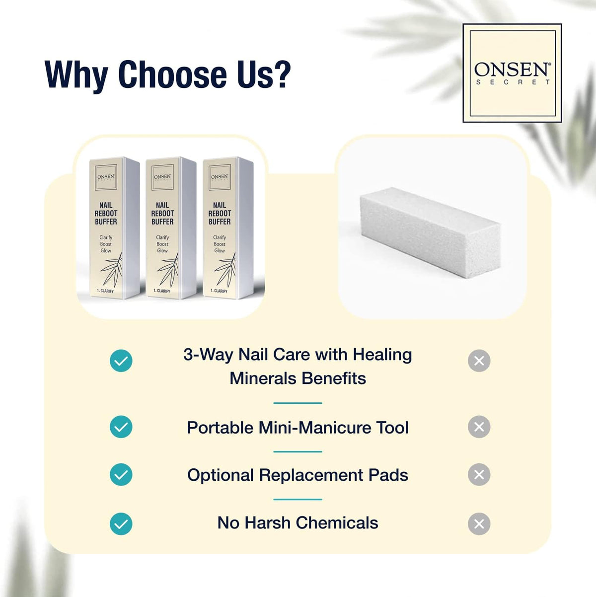 Onsen Secret Professional Nail Buffer Block | 4-Way Buffing for Natural Shine & Healthy Natural Nails - Includes 2 Extra Shine Pads, Salon-Quality, Post-Gel & Acrylic Recovery | 1 Pack
