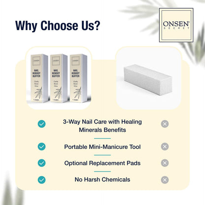 Onsen Secret Professional Nail Buffer Block | 4-Way Buffing for Natural Shine & Healthy Natural Nails - Includes 2 Extra Shine Pads, Salon-Quality, Post-Gel & Acrylic Recovery | 1 Pack