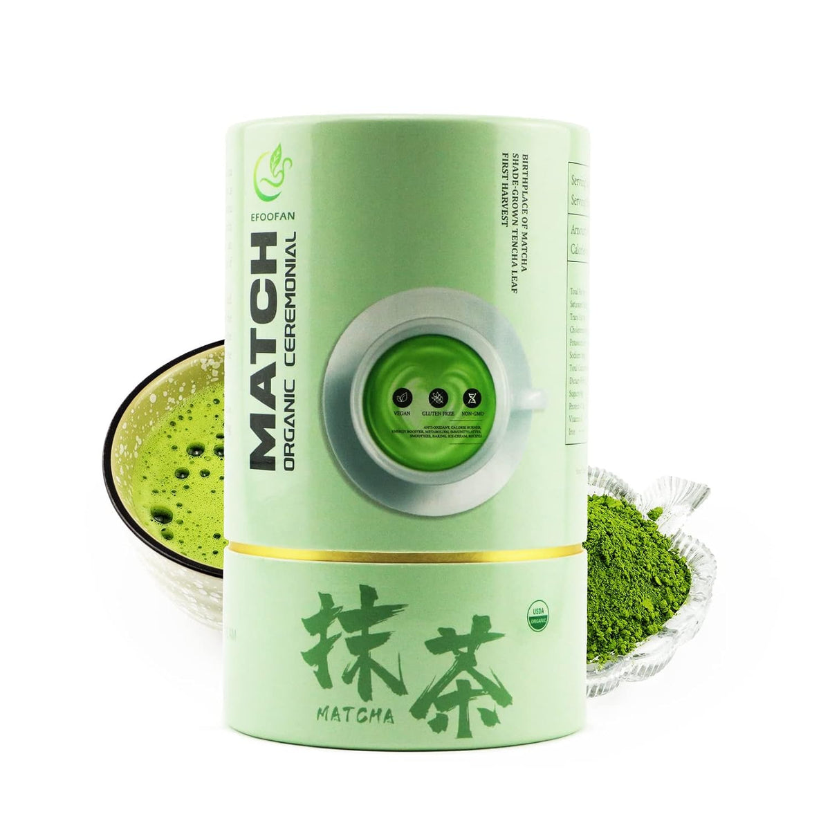 EFOOFAN Organic Ceremonial Matcha Powder, 1st Harvest Shade-Grown, 45g Tin