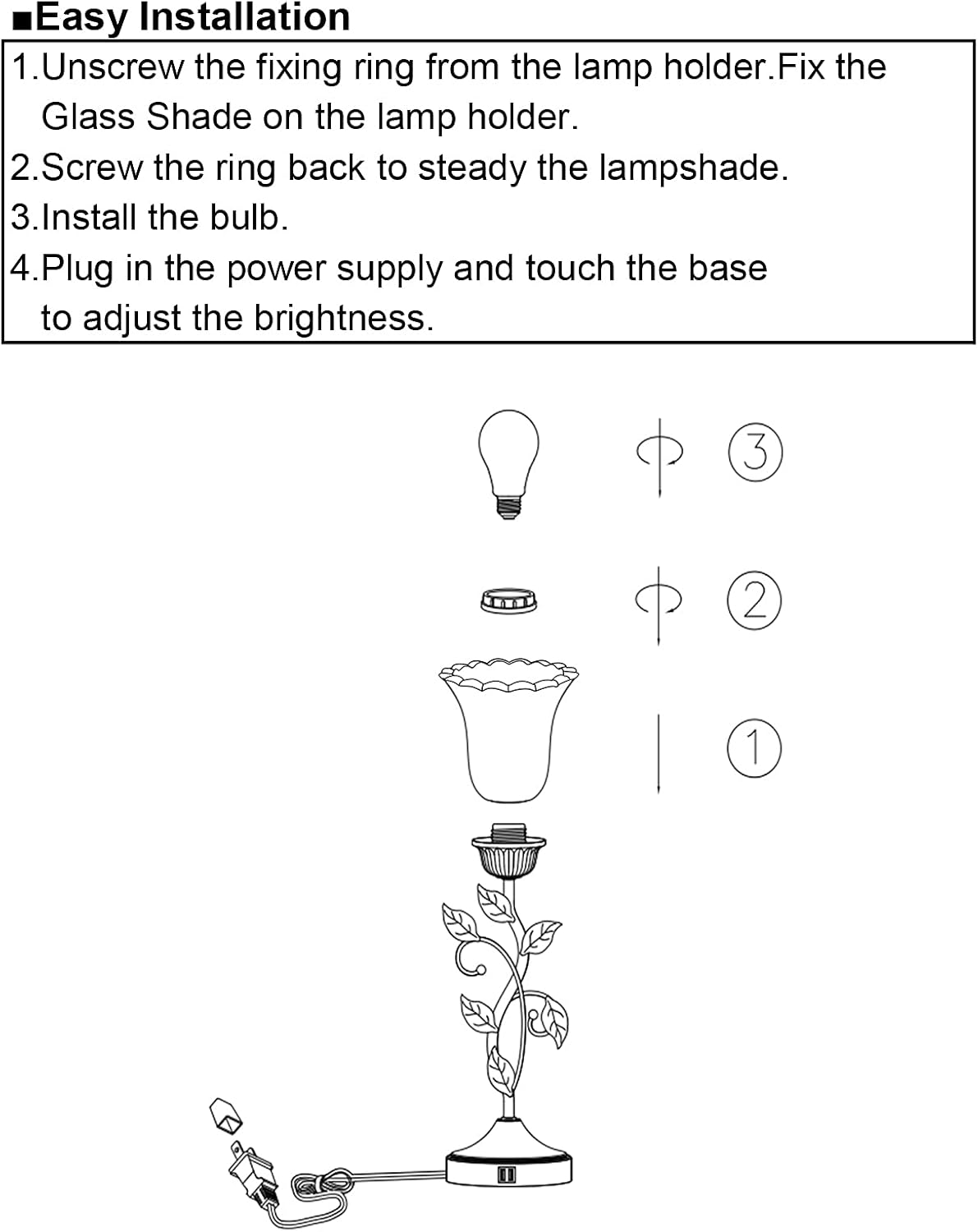 Touch Control Table Lamp with 2 USB Charging Ports, 3-Way Dimmable Bedside Nightstand Lamps, Amber Glass Shade Vintage Rural Leaf Lamp for Living Room, Bedroom, Dresser, LED Bulb Included (Bronze)