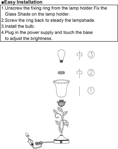 Touch Control Table Lamp with 2 USB Charging Ports, 3-Way Dimmable Bedside Nightstand Lamps, Amber Glass Shade Vintage Rural Leaf Lamp for Living Room, Bedroom, Dresser, LED Bulb Included (Bronze)