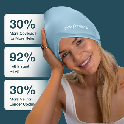 Myhalos® Migraine Relief Cap, Ice Hat for Migraines, Headache Relief Cap, 30% More Gel, Hot & Cold Therapy Head Ice Pack, Cooling Headache Hat, Tension Wrap, Hangover Cap, Ice Face Mask, FSA|HSA