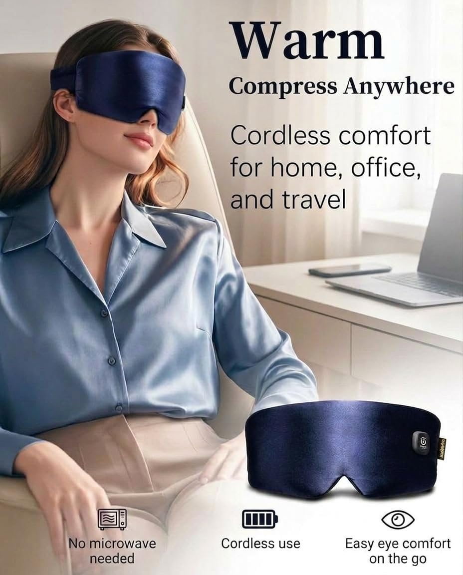 Heated Eye Mask for Dry Eyes - Silk Cordless Warm Eye Compress Moist Heat, FSA Eligible, Eye Heating Pad for Stye Treatment, Tired Eyes, Sleep, Travel, Washable, Rechargeable, Blue