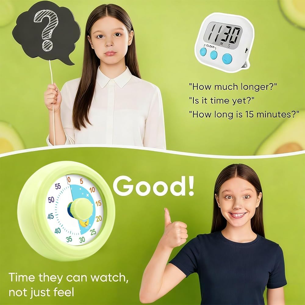 Visual Timer for Kids & Adults, 60 Minute Rainbow Countdown Timer, Time Management Tool for Classroom, Home, Kitchen, Office, School (Green-Round-Rainbow)