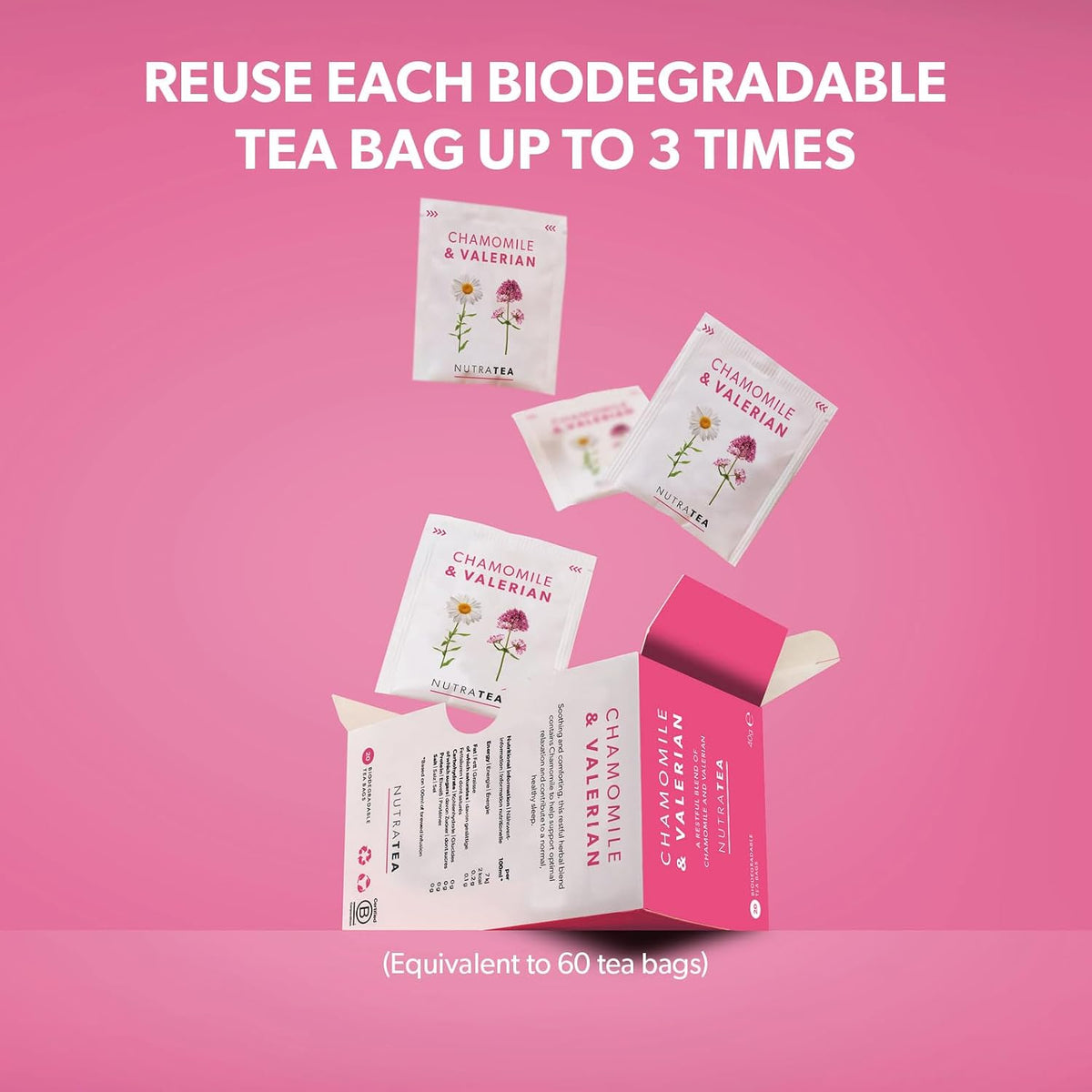NutraTea Chamomile & Valerian Tea - Bedtime and Night Time Tea - 20 Individually Wrapped Bags (1 Pack)