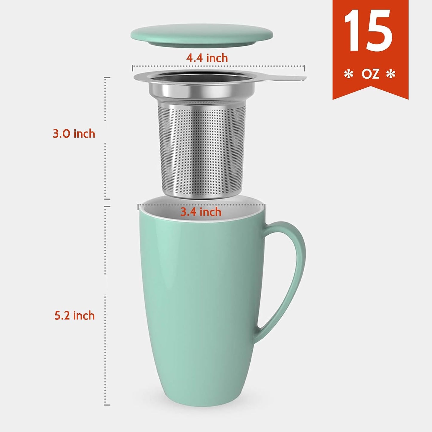 Sweese 15oz Porcelain Tea Mug with Infuser and Lid – Microwave Safe, Ergonomic Handle, Lead-Free Glaze, for Loose Leaf Tea