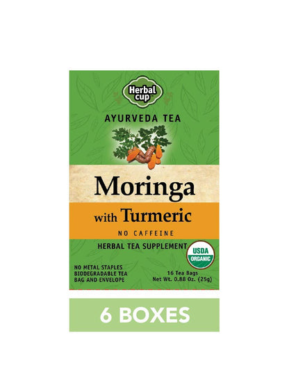Herbal Cup Ayurveda Moringa Tea, Organic Turmeric, No Caffeine Herbal Teas (Organic Moringa Turmeric, 16 Count (Pack of 6)