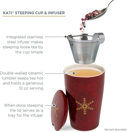 Tea Forte Double-Walled Ceramic Kati Cup, Removable Stainless Steel Infuser Basket and Lid, Steeps 12 oz Loose Leaf Tea, Dishwasher & Microwave Safe, Cherry Blossom