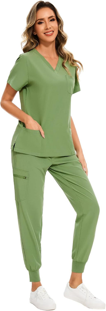 COZYFIT Scrubs for Women Set - Stretch V-Neck Scrub Top & Jogger Pant with 8 Pockets COZY SCRUBS - Colors E